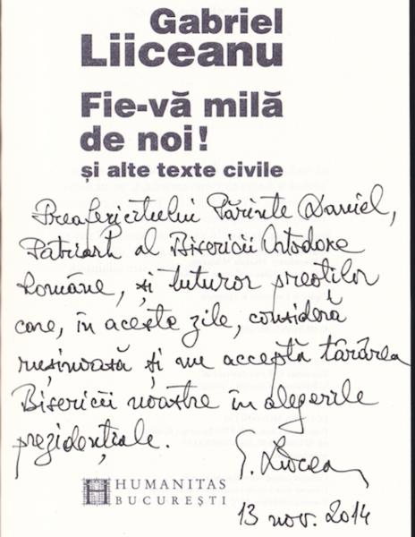 Dedicatia lui Gabriel Liiceanu catre Patriarhul Daniel, Foto: Hotnews