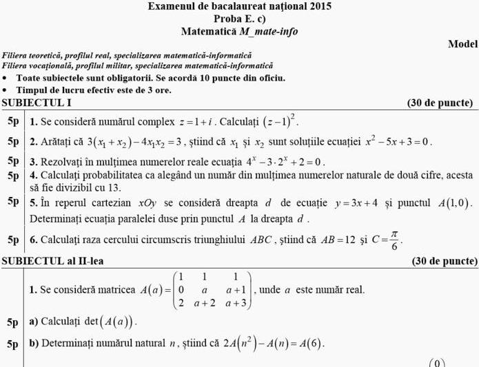 Model de Subiecte de Matematica pentru BAC 2015, Foto: edu.ro