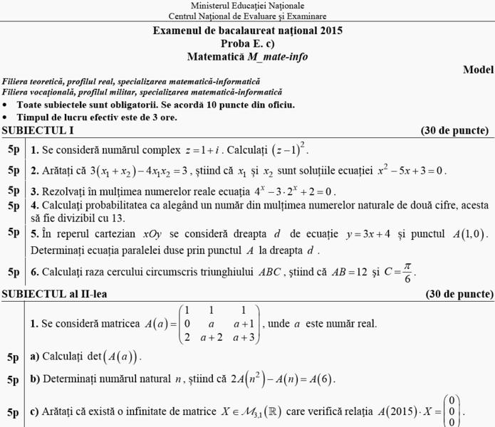 Model de Subiecte de Matematica pentru BAC 2015, Foto: edu.ro