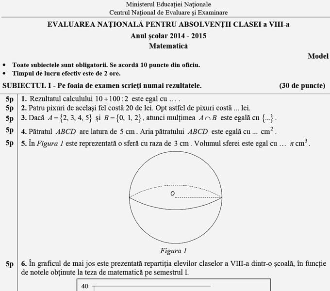Model Subiect de Matematica - Evaluarea Nationala 2015, Foto: edu.ro