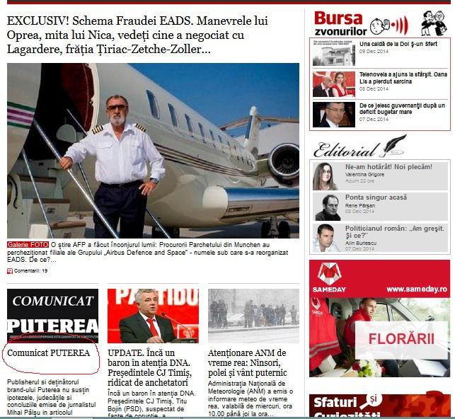 Articolul publicat de directorul suspendat si, mai jos, anuntul publisherului, Foto: Ziarul Puterea
