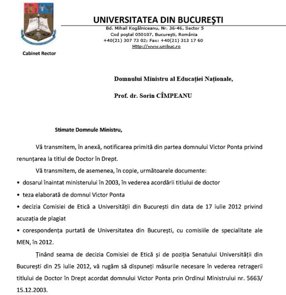 Adresa trimisa de Universitate catre Ministerul Educatiei, Foto: unibuc.ro