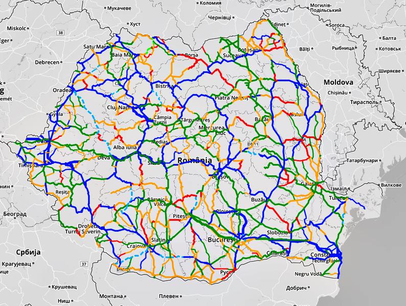 Harta calitatii drumurilor din Romania, Foto: Enjoymaps.ro