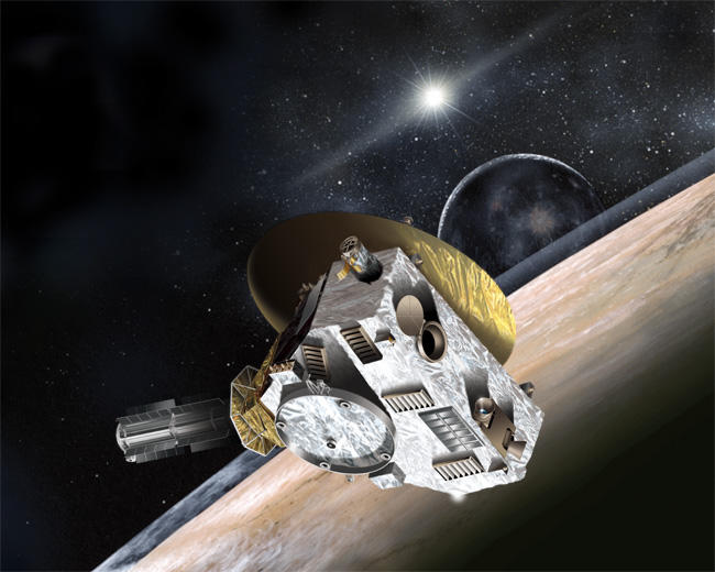 Redare artistica: Sonda New Horizons, la intalnirea cu Pluto si satelitul sau Charon, Foto: JHUAPL/SwRI