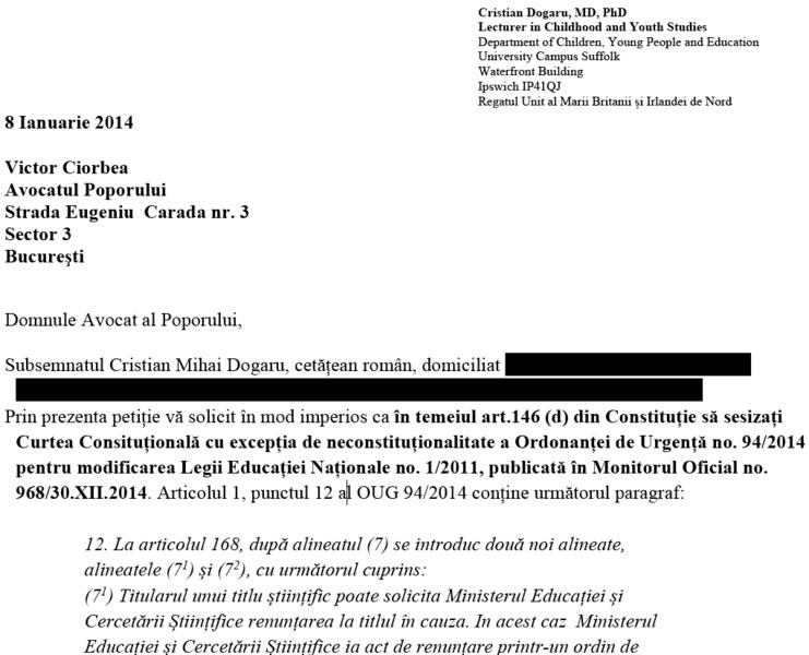 Fragment din petitia trimisa Avocatului Poporului, Foto: Cristian Dogaru