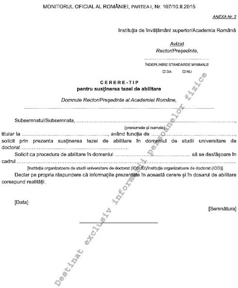 Cerere tip pentru sustinerea tezei de abilitare, Foto: Monitorul Oficial