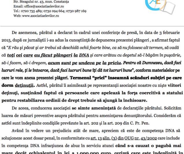 Fragment din plangerea depusa la DNA impotriva lui Mazare de catre Asociatia Elevilor din Constanta, Foto: Asociatia Elevilor din Constanta