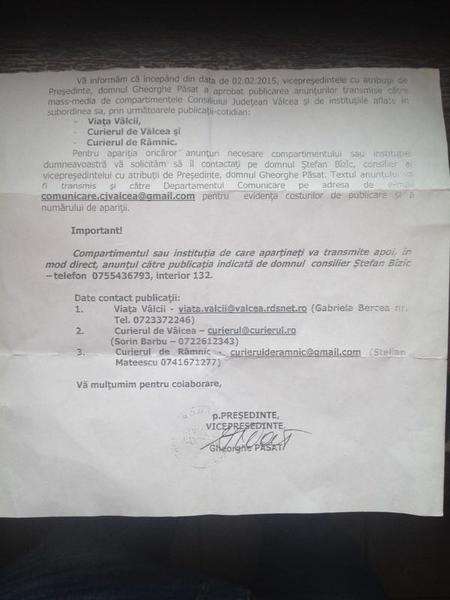 Adresa transmisa de seful CJ Valcea, Gheorghe Pasat, Foto: Ziarul de Valcea