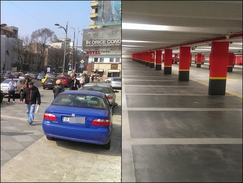 Masini lasate pe trotuar, deasupra unei parcari subterane goale, Foto: Hotnews