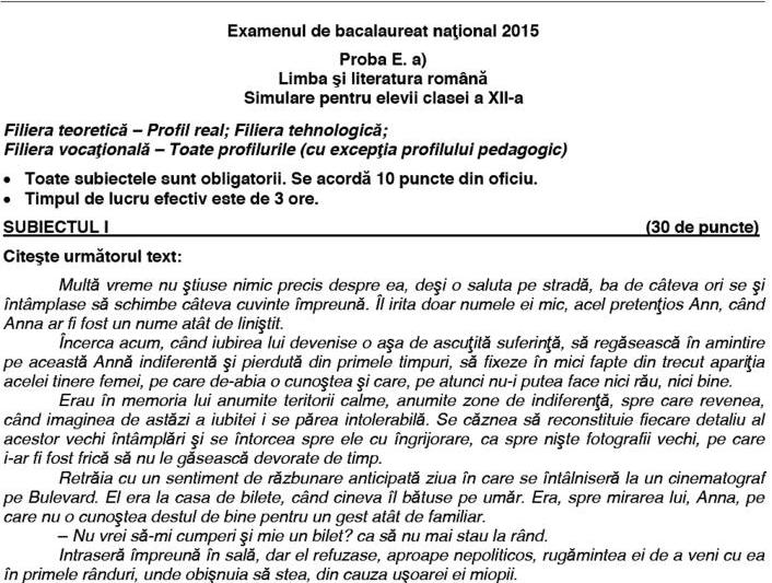 Fragment din Subiectul de la simularea la Limba romana, clasa a XII a, Real, Foto: edu.ro