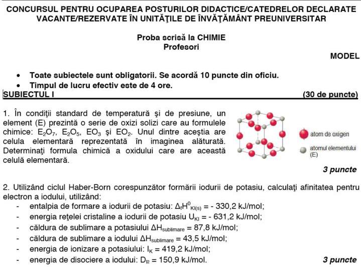 Model de Subiect la Chimie pentru examenul de titularizare 2015, Foto: edu.ro