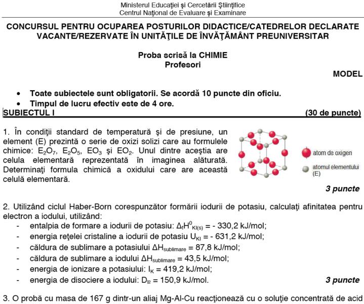Model de Subiect la Chimie pentru examenul de titularizare 2015, Foto: edu.ro