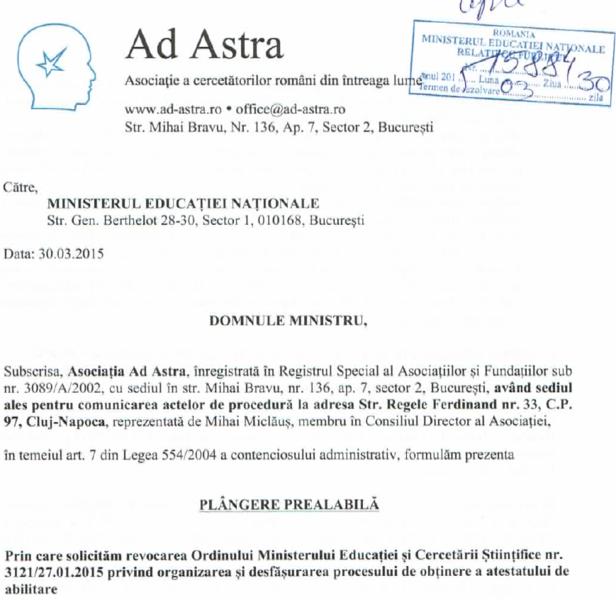 Fragment din plangerea prealabila depusa de Ad Astra la Ministerul Educatiei, Foto: Ad Astra