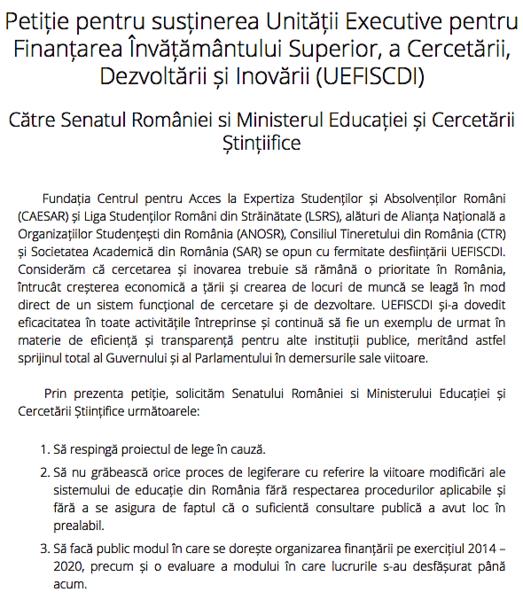 Petitie a studentilor pentru sustinerea UEFISCDI, Foto: fundatiacaesar.ro
