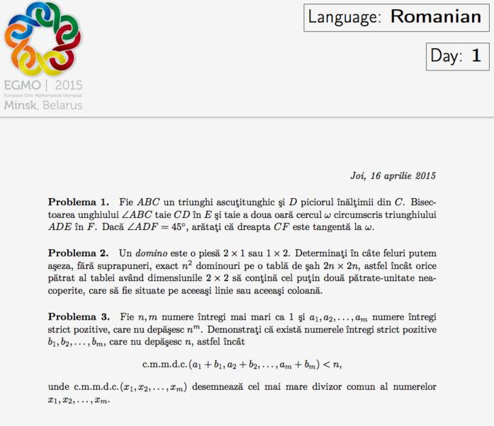 Fragment din Subiectele de la Olimpiada Europeana de Matematica pentru Fete 2015, Foto: Egmo.org