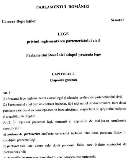 Fragment din proiectul de lege privind reglementarea parteneriatului civil, Foto: cdep.ro