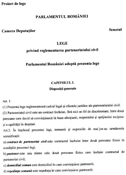 Fragment din proiectul de lege privind reglementarea parteneriatului civil, Foto: cdep.ro