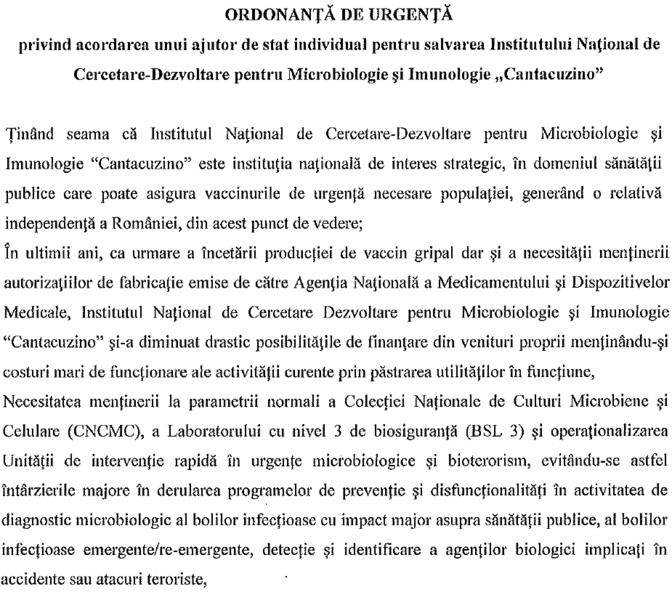 Proiect de OUG privind acordarea unui ajutor de stat pentru salvarea Institutului Cantacuzino, Foto: edu.ro