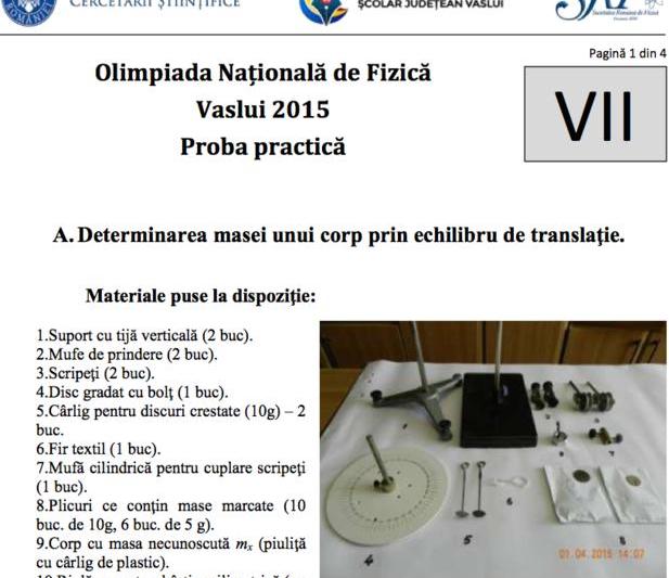 Fragment din Subiectele de la Olimpiada Nationala de Fizica clasa a VII-a, Foto: lspvs.ro/siteuri/fizica