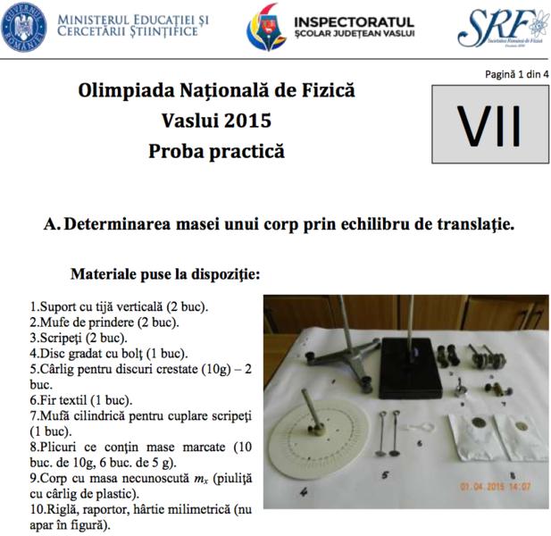 Fragment din Subiectele de la Olimpiada Nationala de Fizica clasa a VII-a, Foto: lspvs.ro/siteuri/fizica