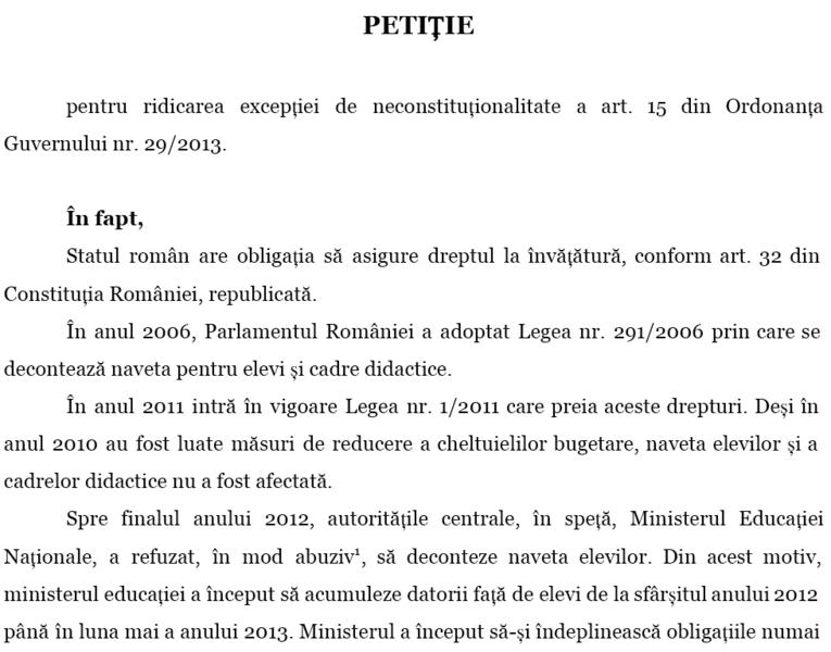 Fragment din petitia depusa la Avocatul Poporului pe limitarea decontarii navetei scolare, Foto: Hotnews
