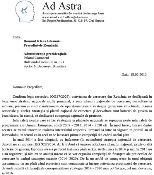 Fragment din scrisoarea Ad Astra catre Klaus Iohannis, Foto: Ad Astra