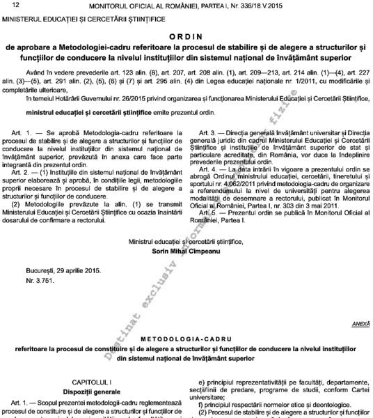 Fragment din Metodologia privind alegerile in universitati, Foto: Monitorul Oficial