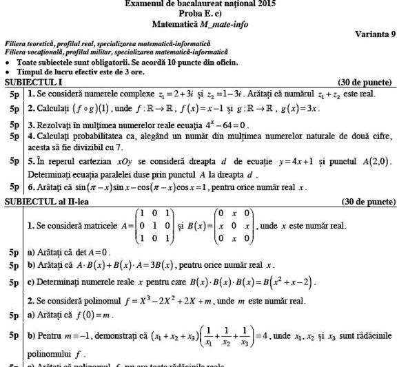 Fragment din Subiectele de la matematica - BAC Special 2015, Foto: edu.ro