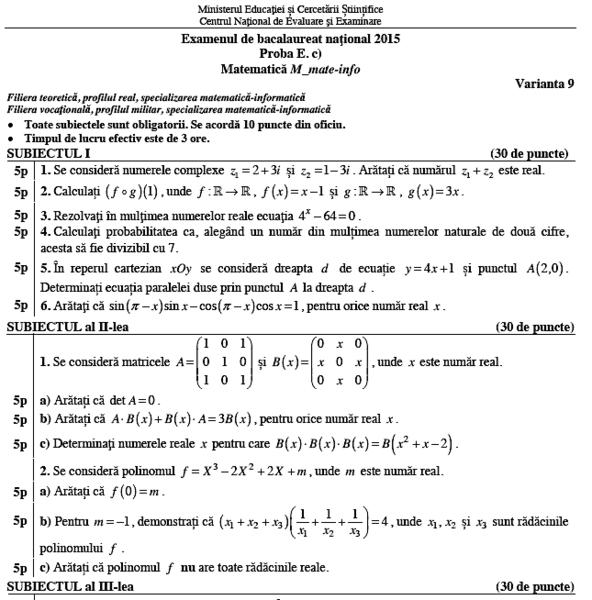 Fragment din Subiectele de la matematica - BAC Special 2015, Foto: edu.ro
