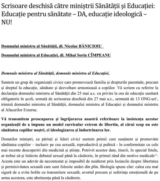 Fragment din scrisoarea deschisa a ONG-urilor, Foto: Asociatia Pro Vita