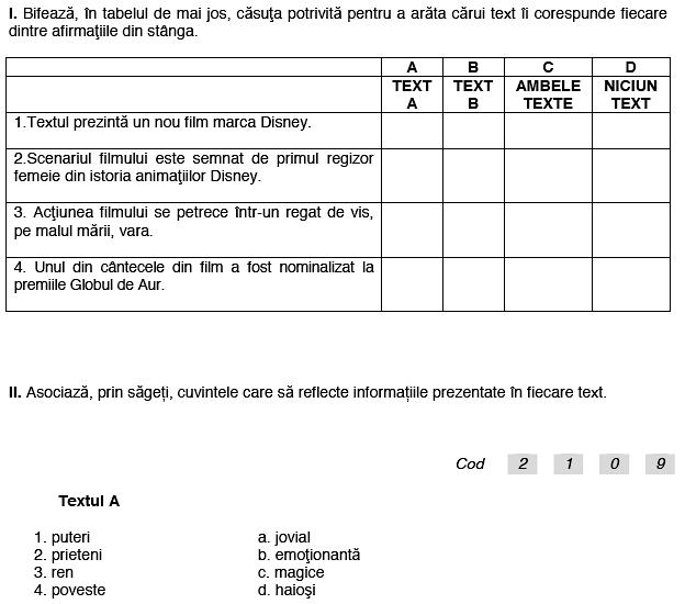 Fragment din Subiectele la Limba si comunicare - Limba engleza, clasa a VI-a, Foto: edu.ro