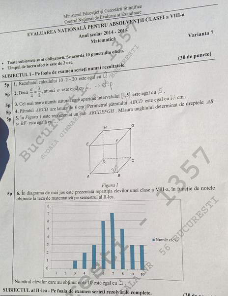 Fragment din subiectele de la Matematica, Foto: Hotnews
