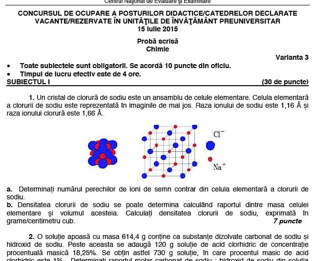 Fragment din subiectele de la titularizare - Chimie, Foto: edu.ro