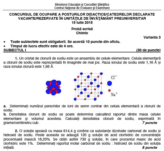 Fragment din subiectele de la titularizare - Chimie, Foto: edu.ro