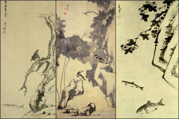 Lucrari de Zhu Da: "Pasare Mynah pe un copac batran", "Lotus si pasari", "Piatra si doi pesti", Foto: Wikipedia/ Public Domain