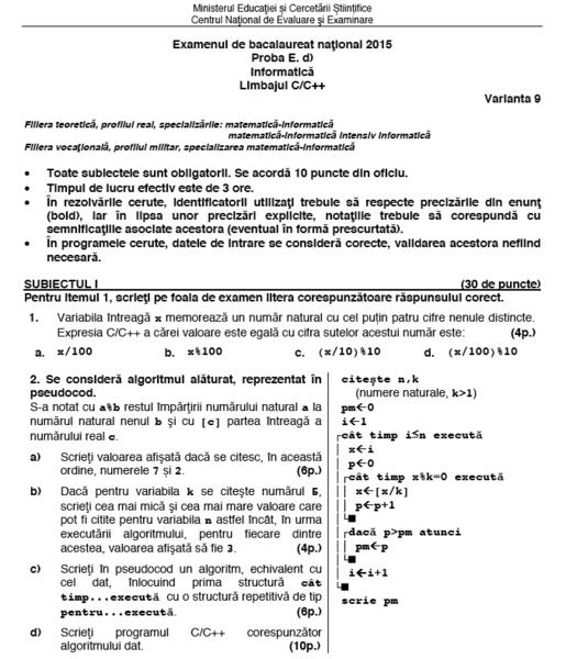 Fragment din subiectele de BAC la Informatica, Foto: edu.ro
