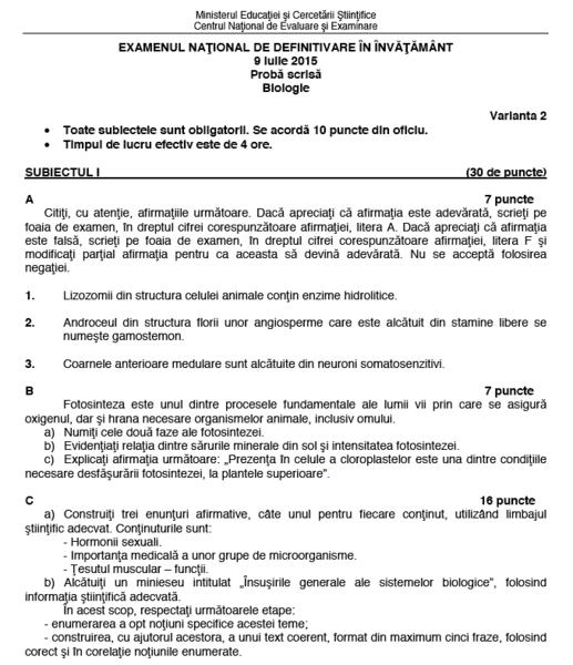 Subiecte definitivat 2015 - Biologie, Foto: edu.ro