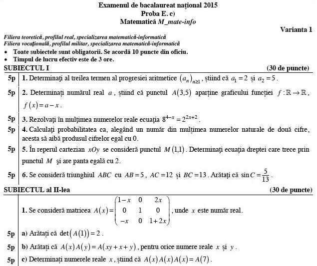 Fragment din subiectele la Matematica, Foto: edu.ro