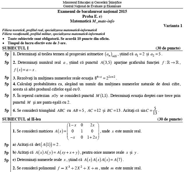 Fragment din subiectele la Matematica, Foto: edu.ro