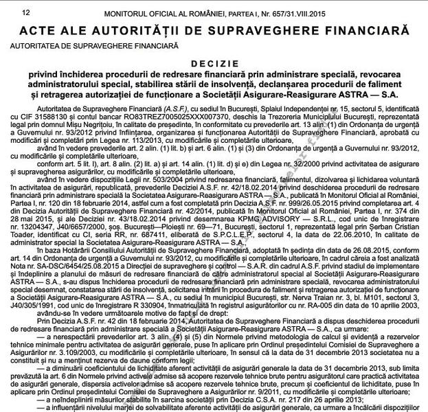 Deschiderea procedurii de faliment a Astra, publicata in Monitorul Oficial, Foto: Captura Monitorul Oficial