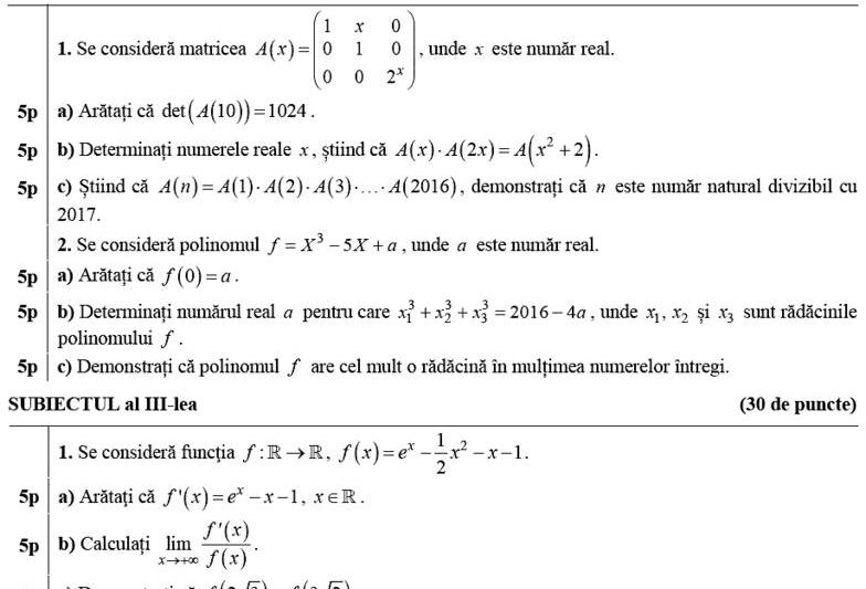 Fragment din modelele de subiecte pentru BAC - Matematica, Foto: edu.ro