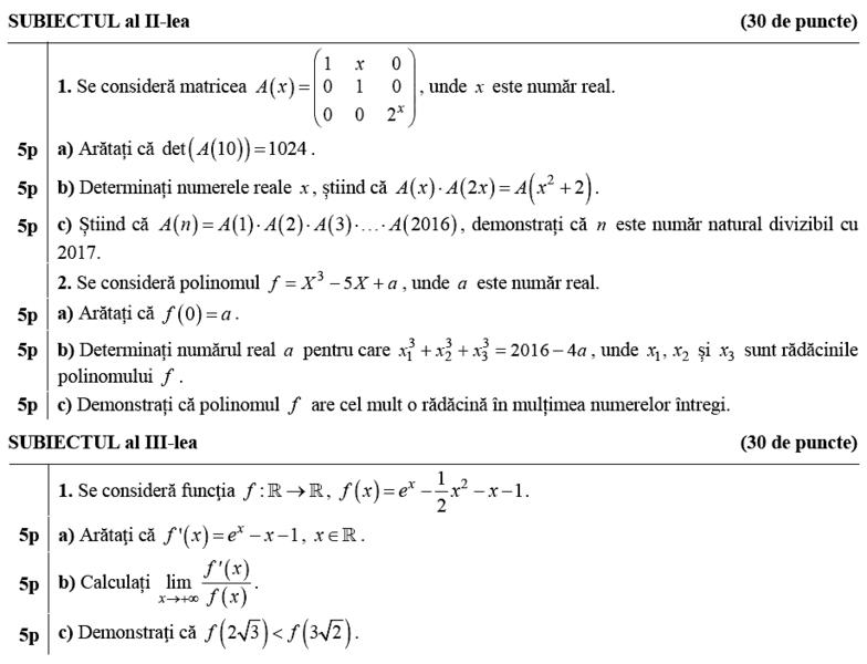 Fragment din modelele de subiecte pentru BAC - Matematica, Foto: edu.ro