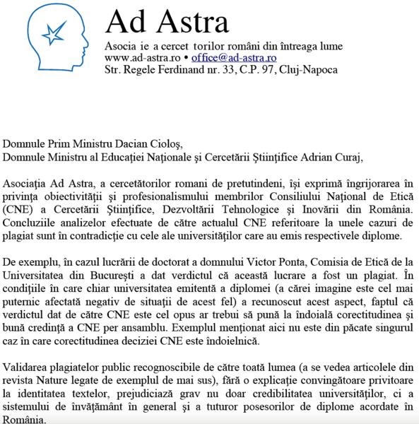 Fragment din apelul Ad Astra catre premier si ministrul Educatiei, Foto: Ad Astra