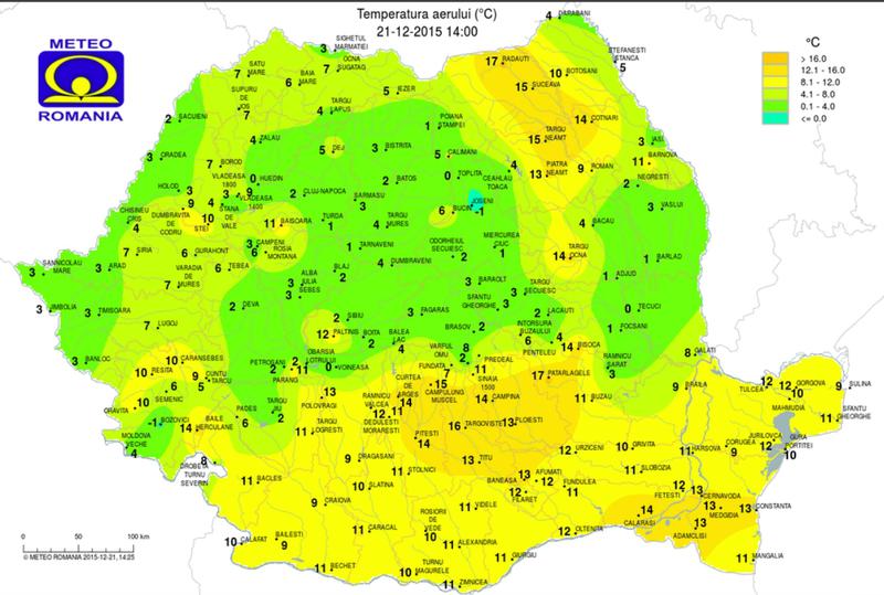 Harta temperaturilor in tara la ora 14.00 (21 decembrie), Foto: INMH