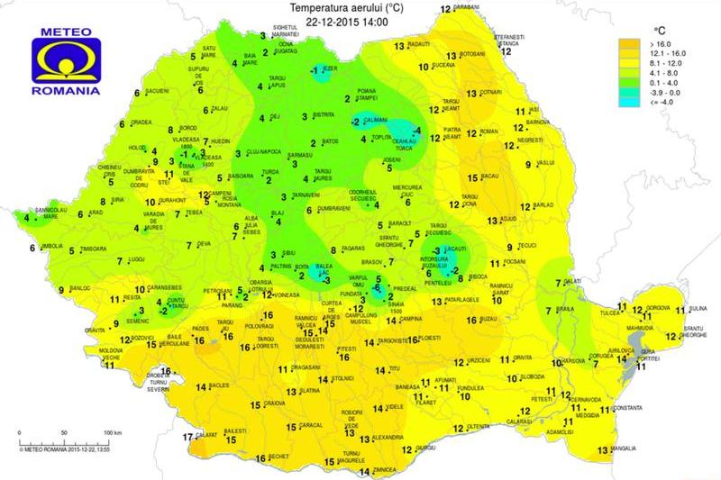 Harta temperaturilor pe 22 decembrie la ora 14, Foto: INMH