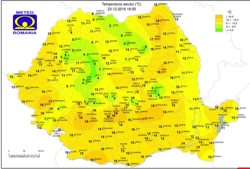 Temperaturile la ora 15 in 23 decembrie, Foto: INMH