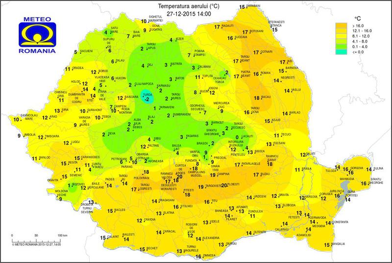 Temperaturile la ra 14.00 pe 27 decembrie, Foto: INMH