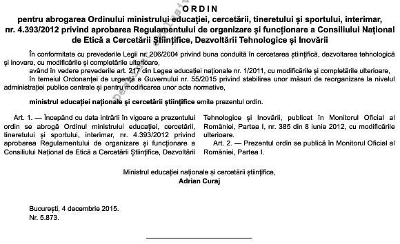 Ordinul ministrului Educatiei de revocare a Consiliului National de Etica, Foto: Monitorul Oficial