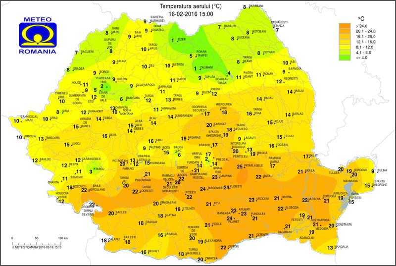 Harta temperaturilor in 16 februarie la ora 15.00, Foto: INMH