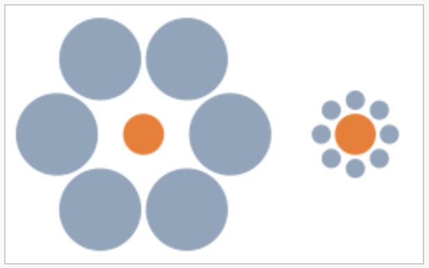 Iluzia optica Ebbinghaus - Cele doua cercuri portocalii au aceeasi dimensiune, cu toate astea cel din drepta pare a fi mai mare., Foto: captura ecran
